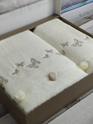 Набор полотенец пенье премиум ТМ Pupilla Sila butterfly krem 2в1 Баня + лицо  2LI SILA PONPON BUTTERFLY KREM фото