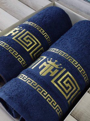 Набор полотенец 2в1 баня + лицо Moz versace Темно-синий Турция. Подарочная коробка  4546 фото